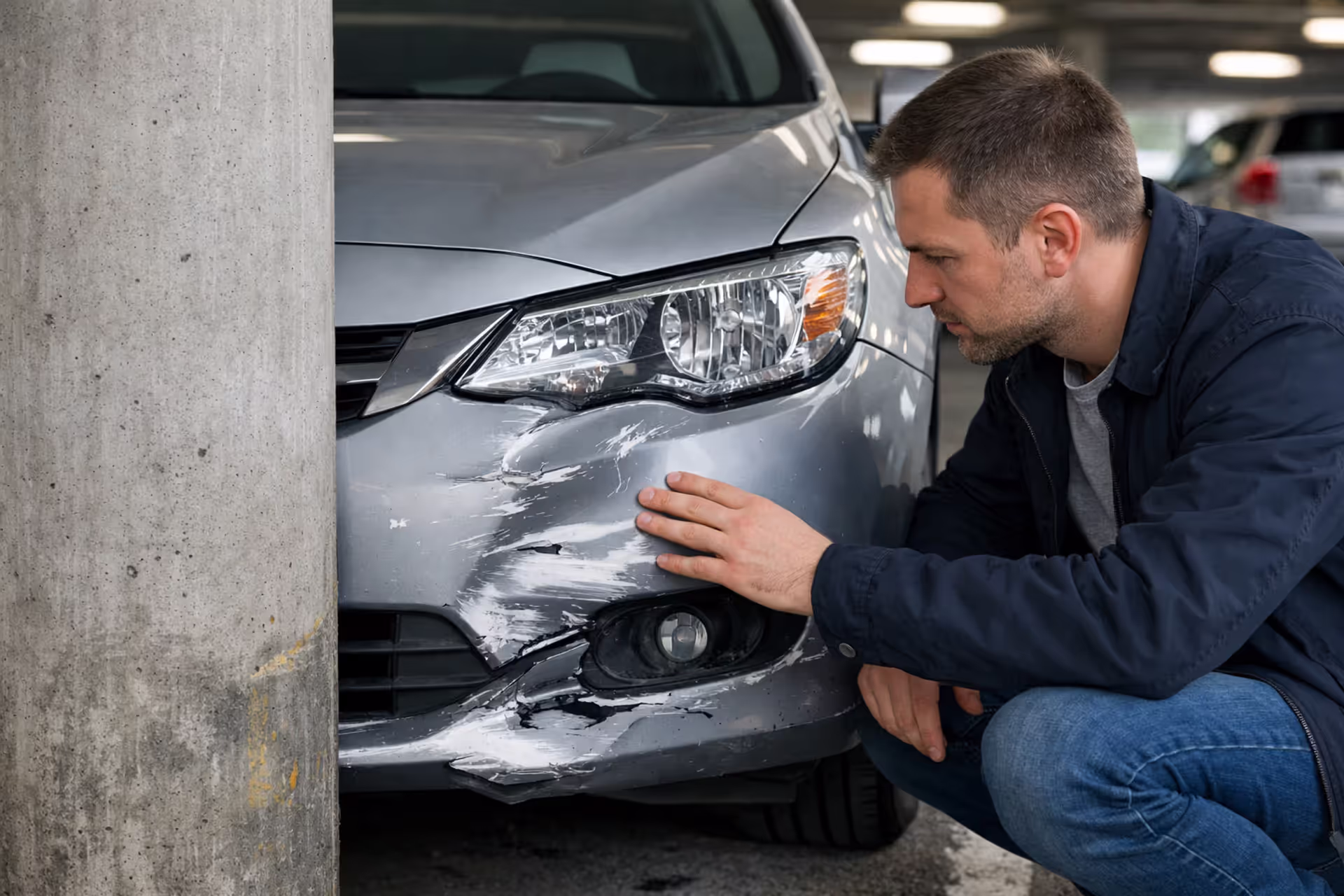 Driver inspecting minor car damage in a parking lot after a collision