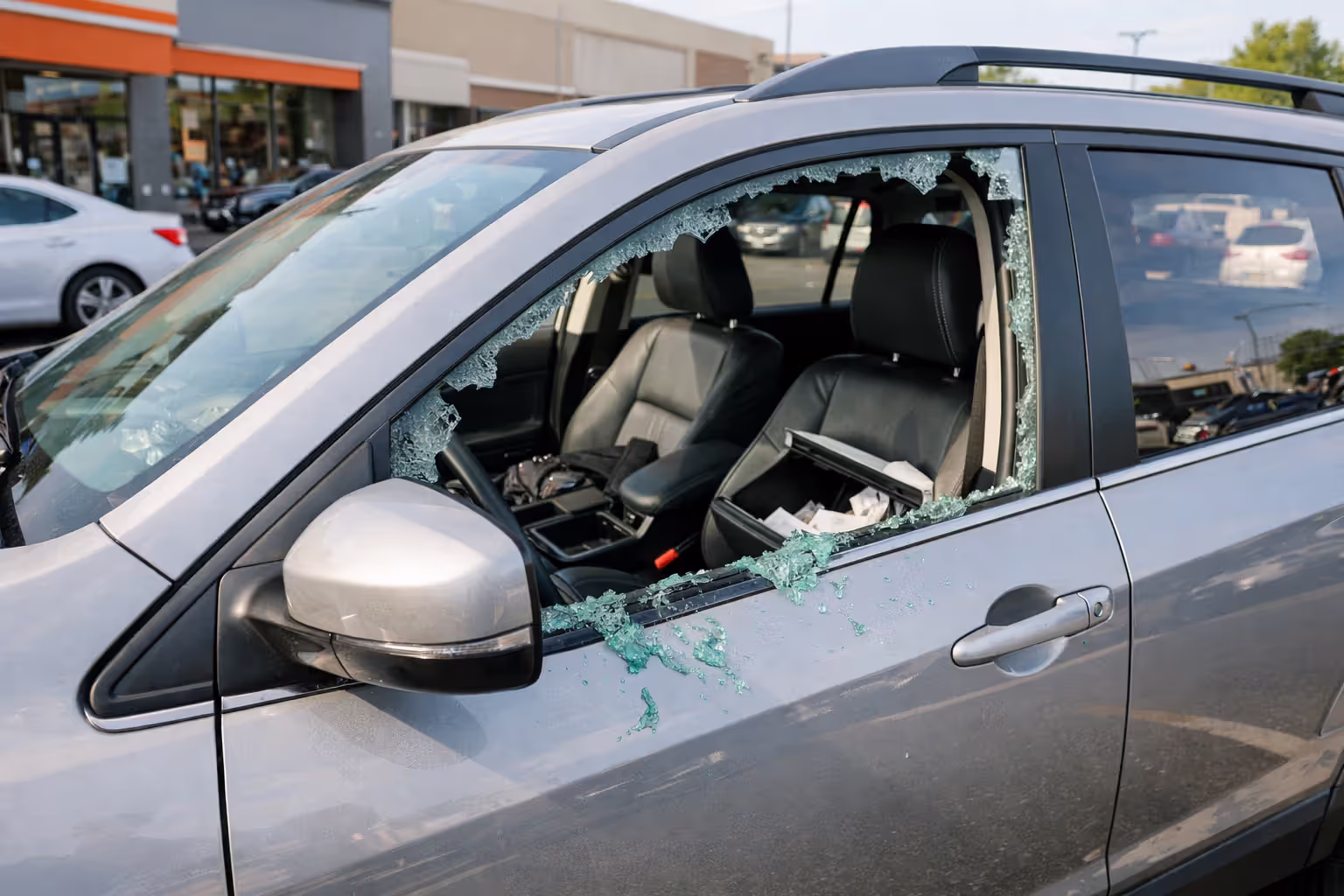 Car with broken side window after theft in a parking lot