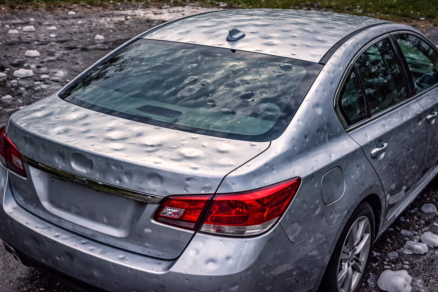 Close-up of a car covered in hail dents after a storm