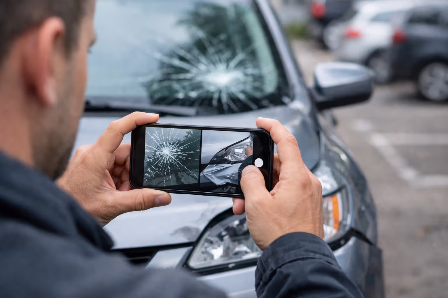 Driver photographing car damage for an insurance claim