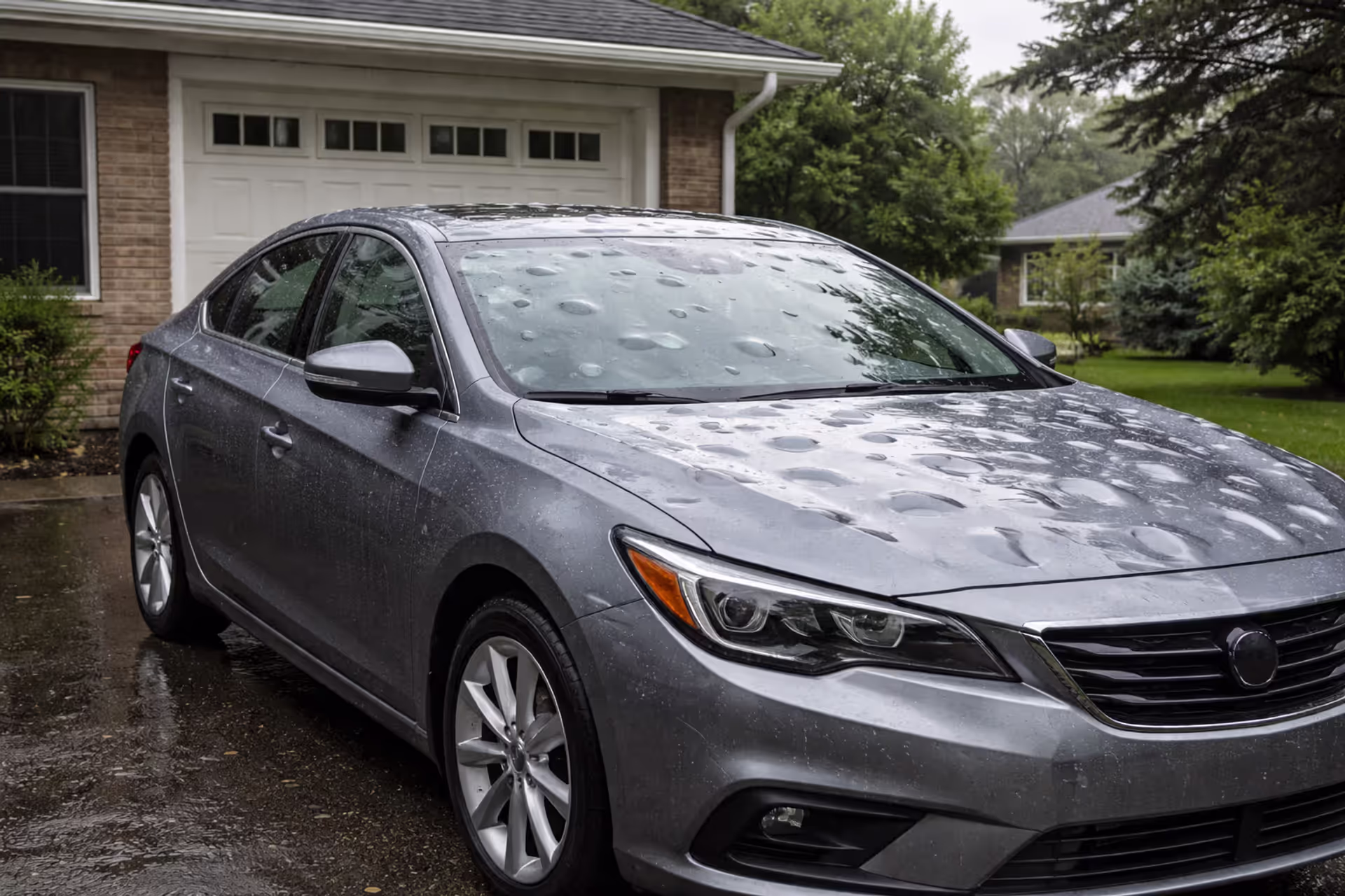 Car with hail damage parked in a driveway after a storm