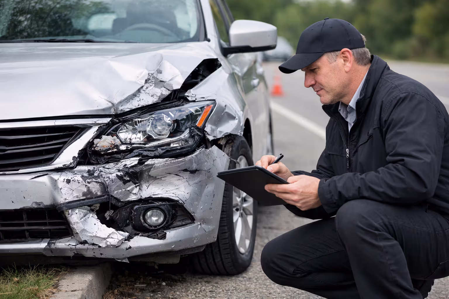 Insurance adjuster inspecting collision damage on a car
