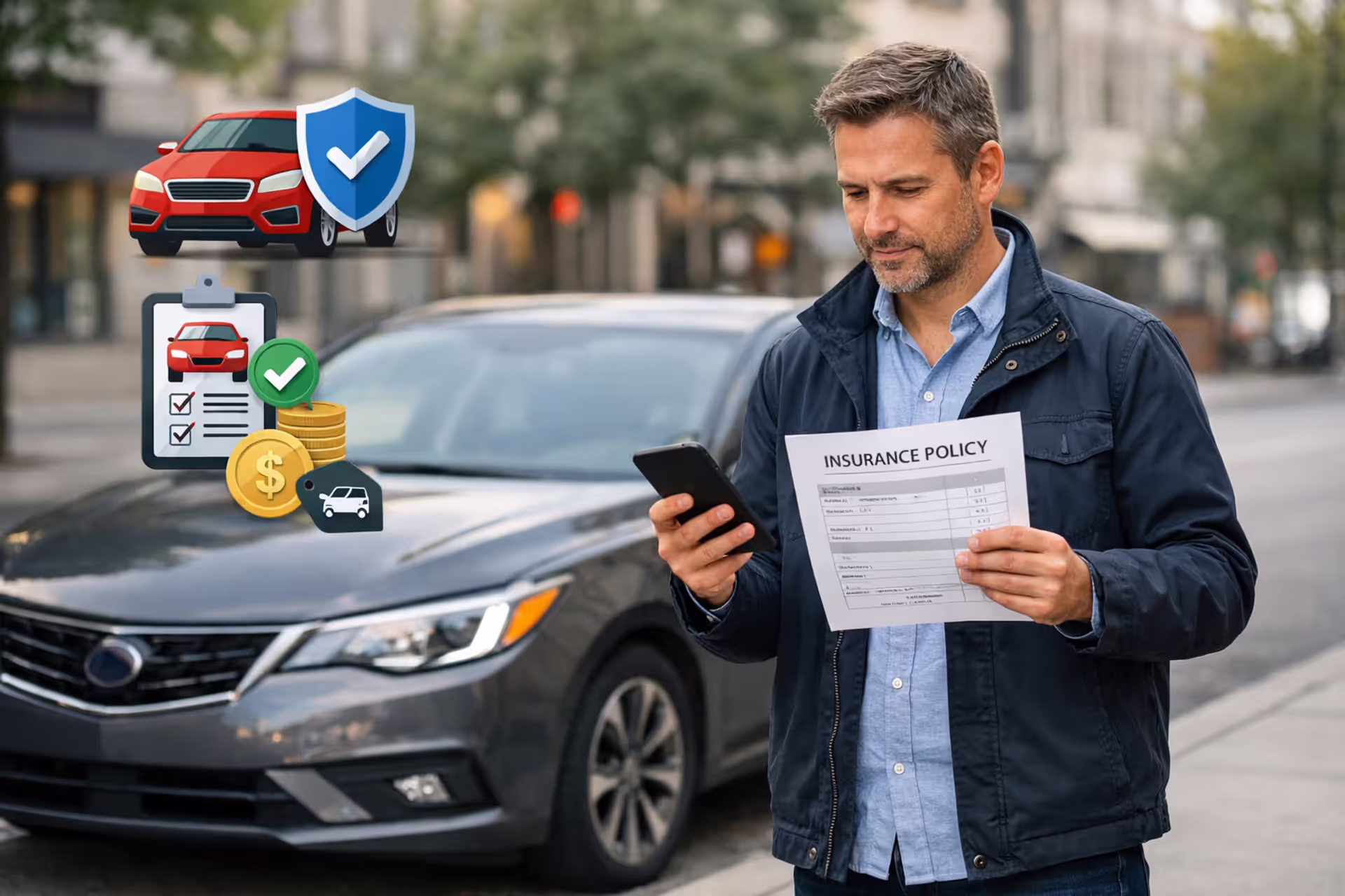 Driver reviewing auto insurance policy beside a parked car