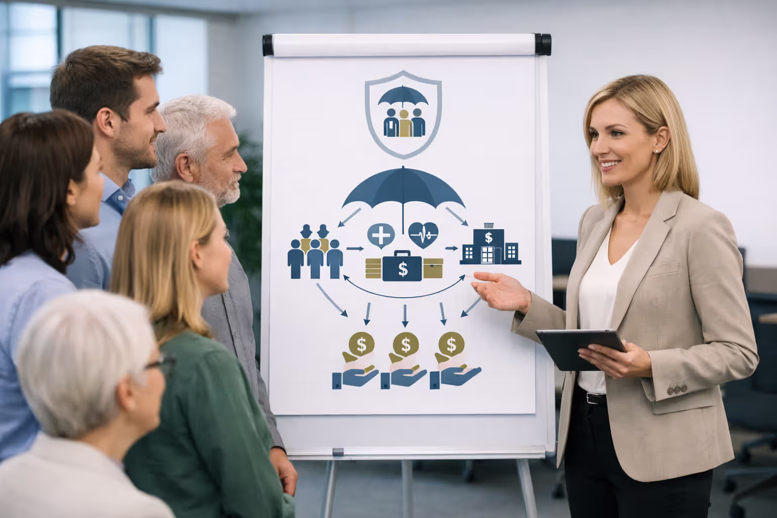 HR manager explaining group health insurance to diverse employees