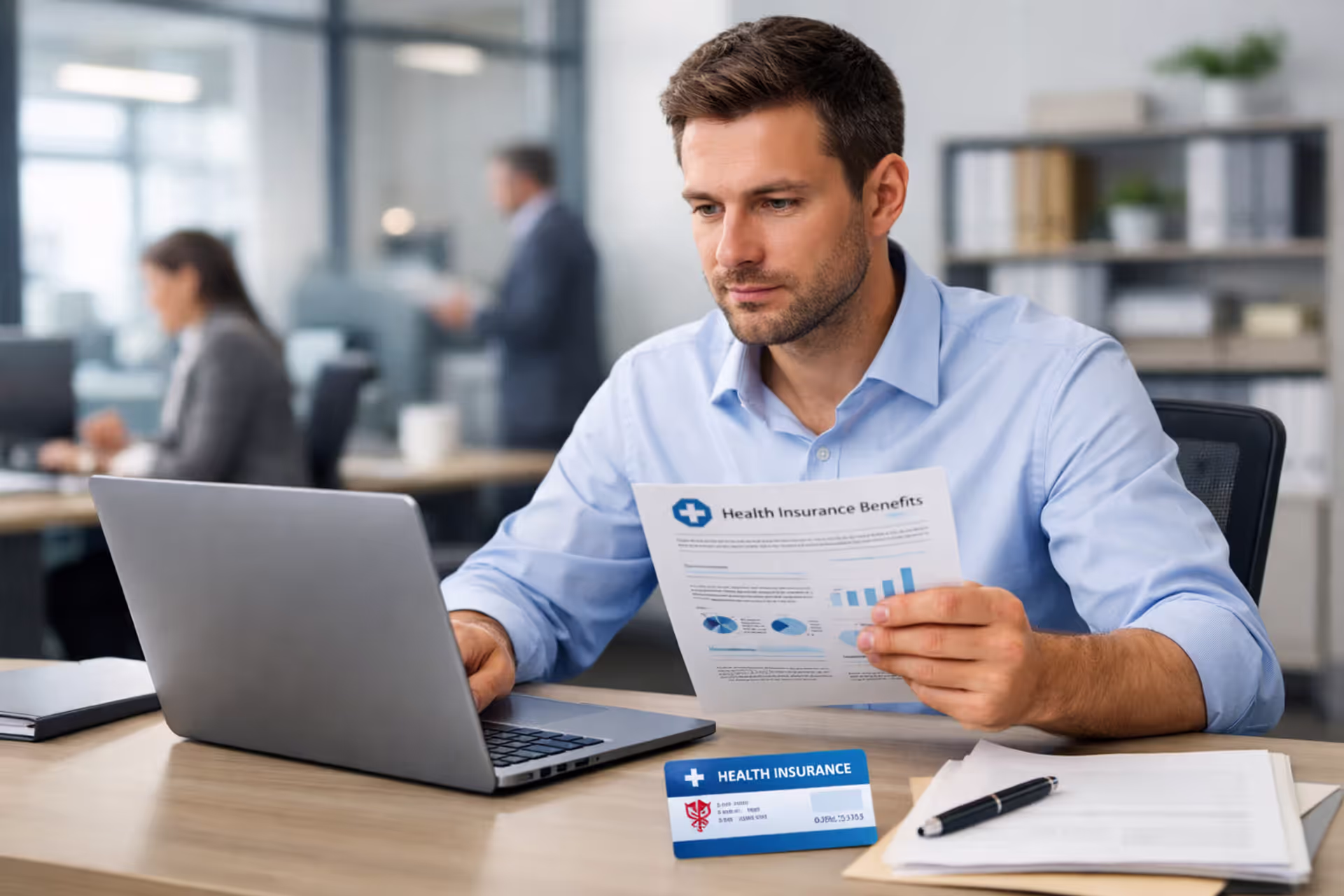 Employee reviewing group health insurance documents at office desk