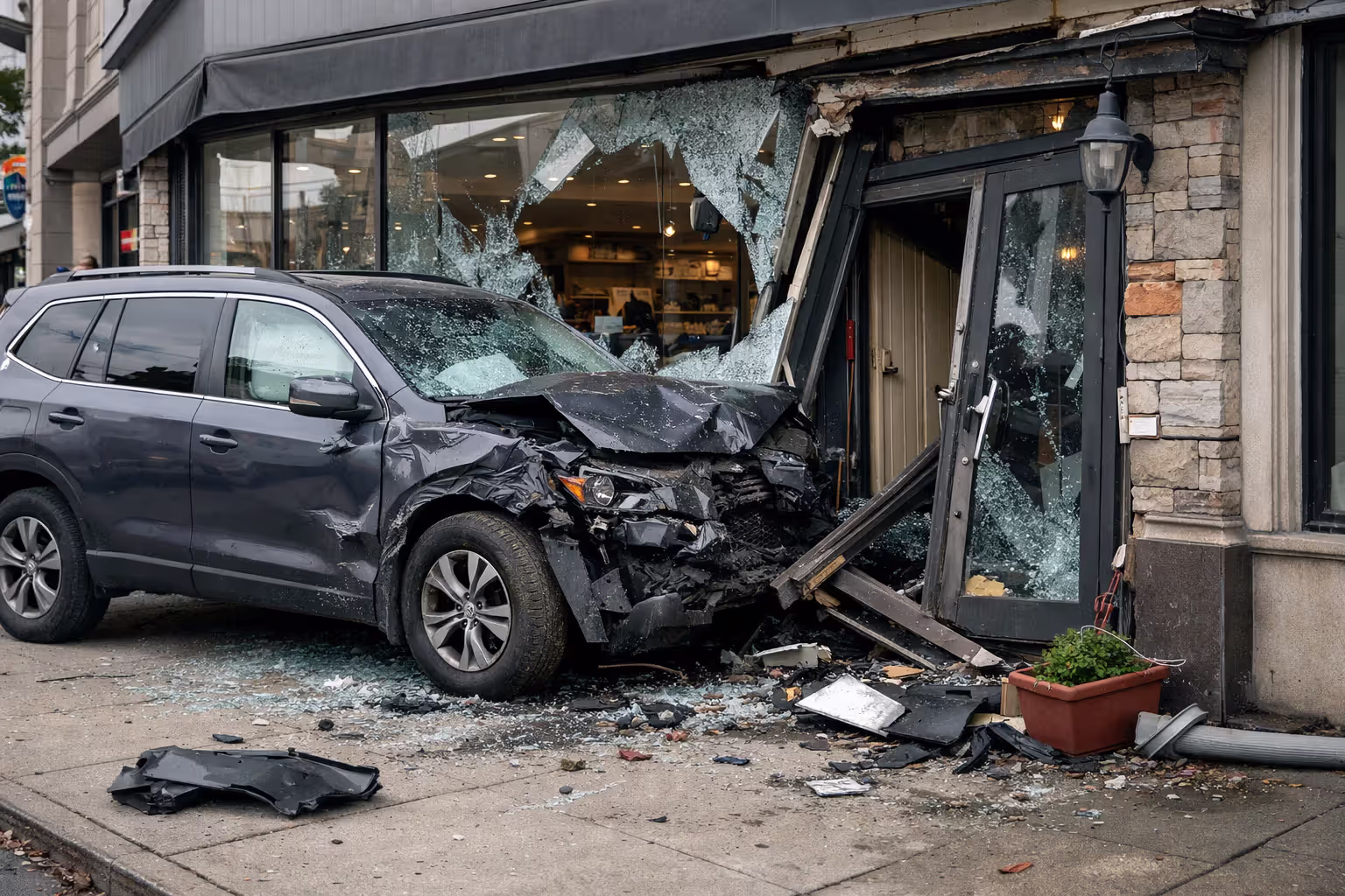 Damaged SUV and storefront after an accident causing property damage