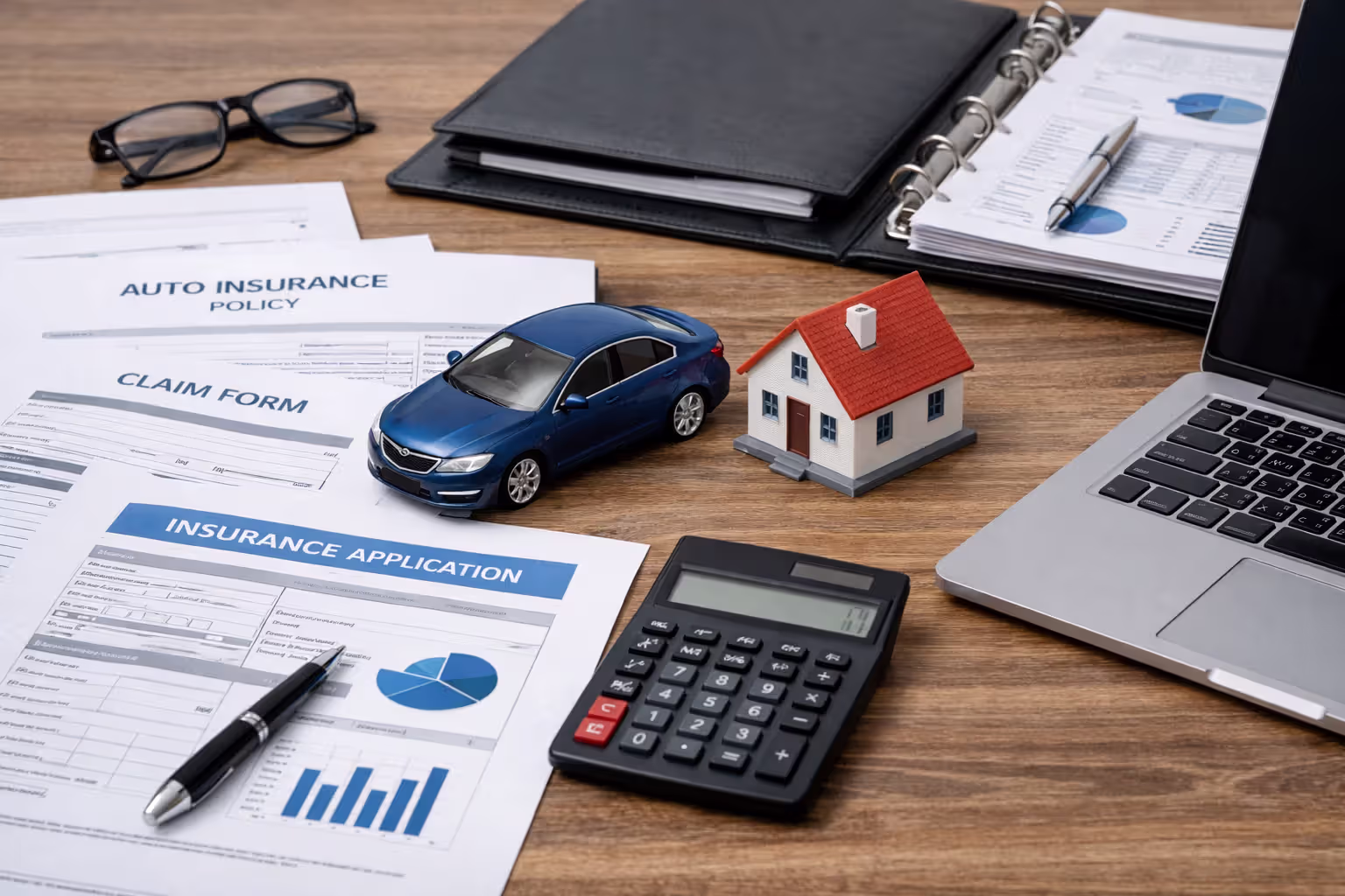Insurance documents, calculator, house and car model symbolizing asset protection