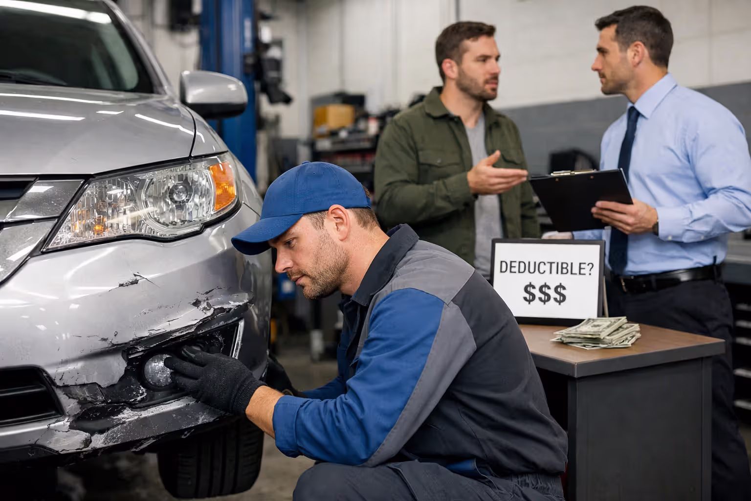 Car owner discussing repair costs for vehicle damage at an auto shop