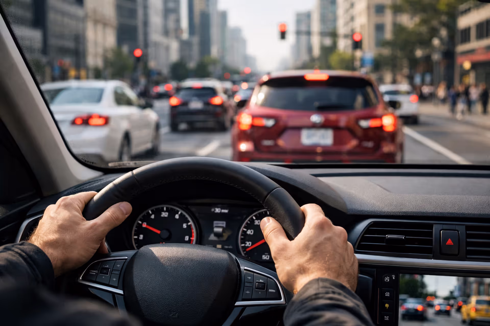 Driver behind the wheel in city traffic, representing liability car insurance and road responsibility