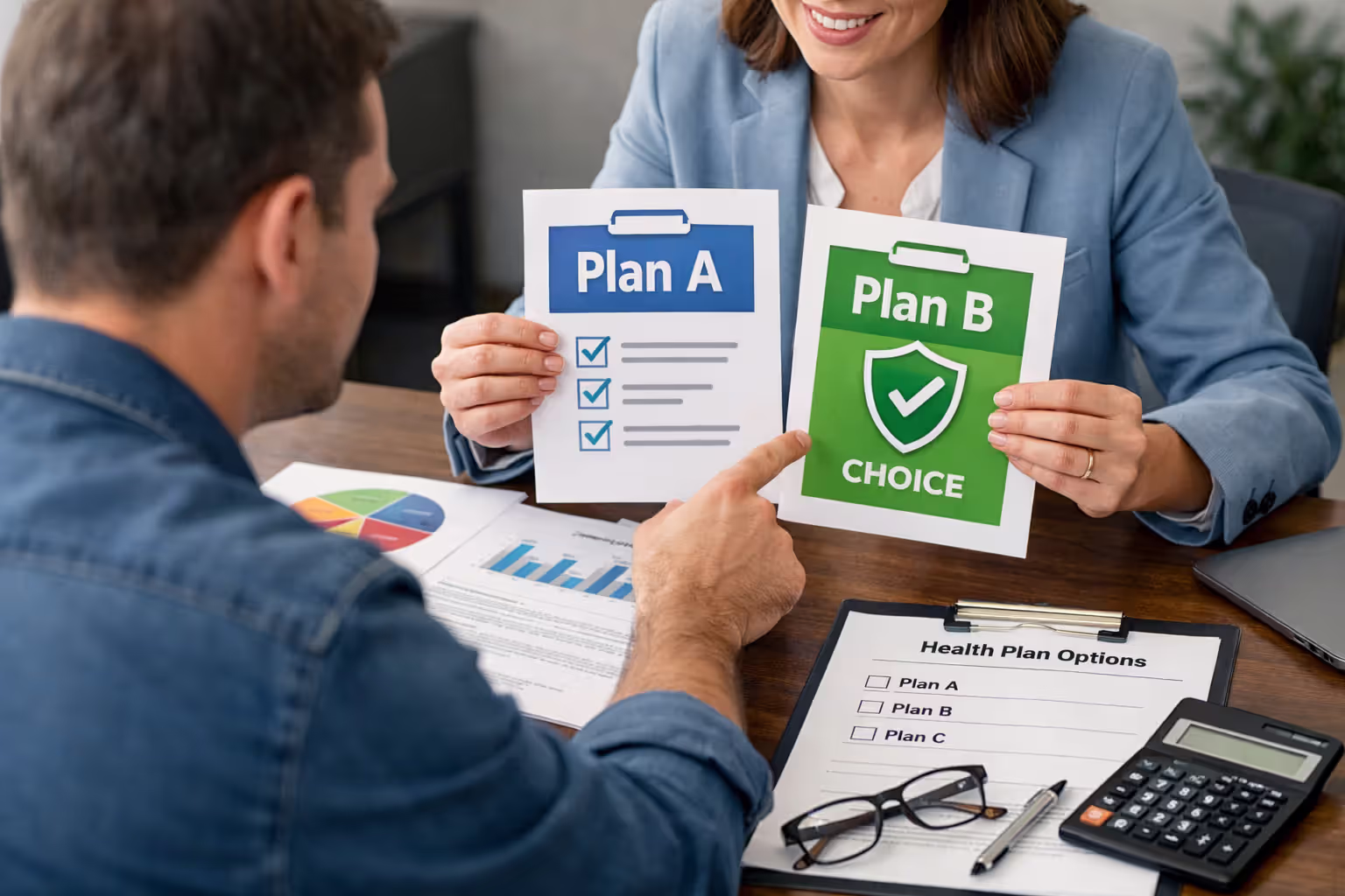 Patient comparing health insurance plan costs with an advisor