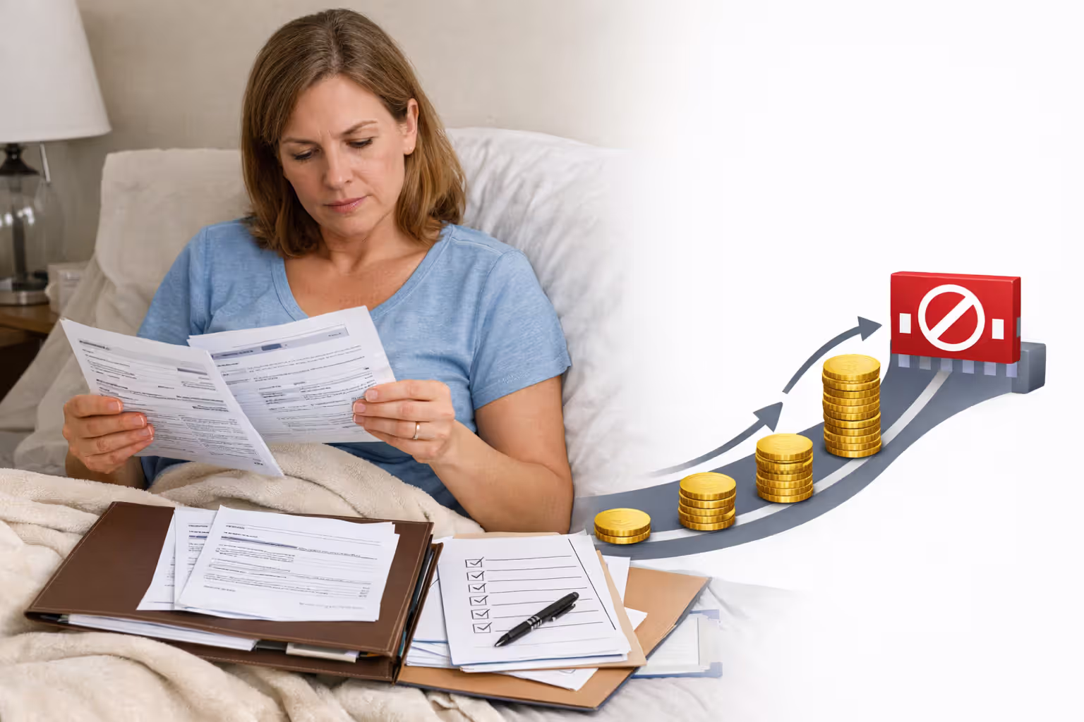 Woman reviewing medical bills and insurance statements after treatment